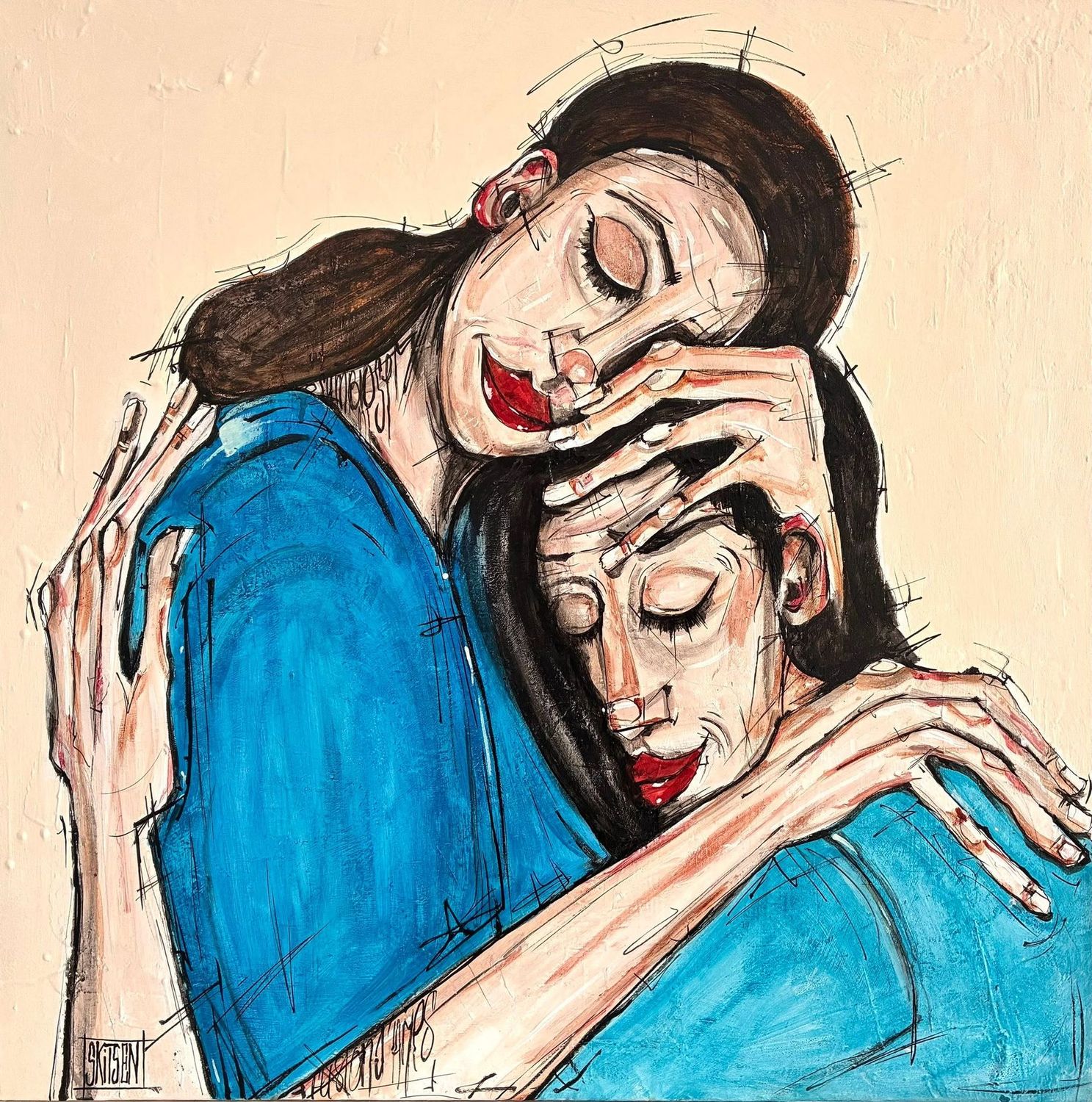 "Me blottir contre toi". Sur une toile châssis lin de 80x80cm. Fonds acrylique, pastels, fusains, encres..vernis. "Skitsen"