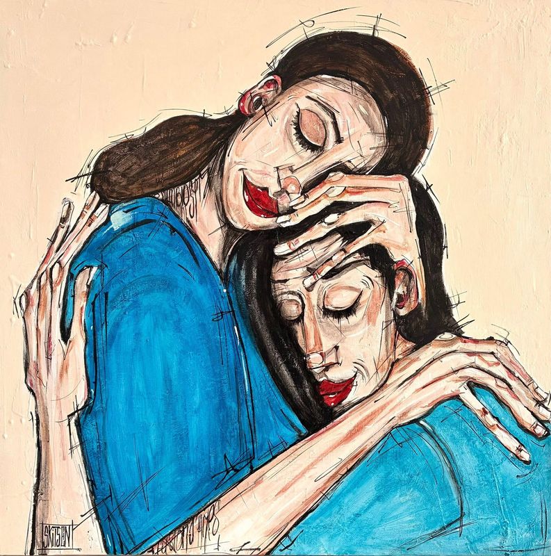 "Me blottir contre toi". Sur une toile châssis lin de 80x80cm. Fonds acrylique, pastels, fusains, encres..vernis. "Skitsen"