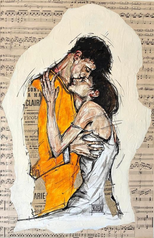 "Me blottir contre toi". Sur une plaque bois de 61x40,5cm. Pastels, encres, collages vieilles pages... 'Skitsen".