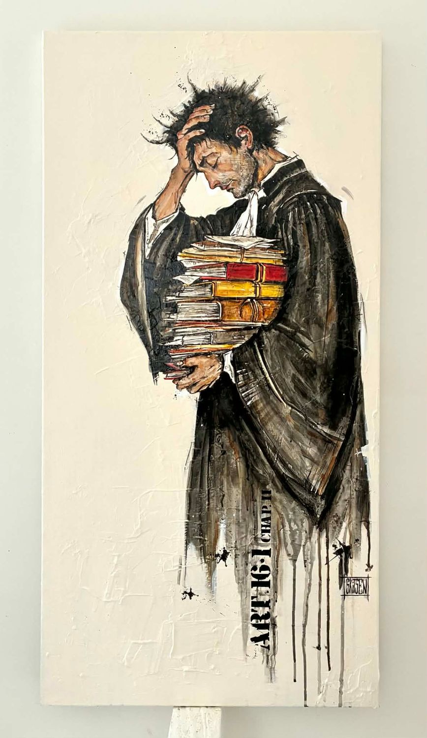 "Le poids des vies". Sur une grande toile châssis lin cloutée de 100x50cm. Fond acrylique, fusains, pastels, encres. "Skitsen".