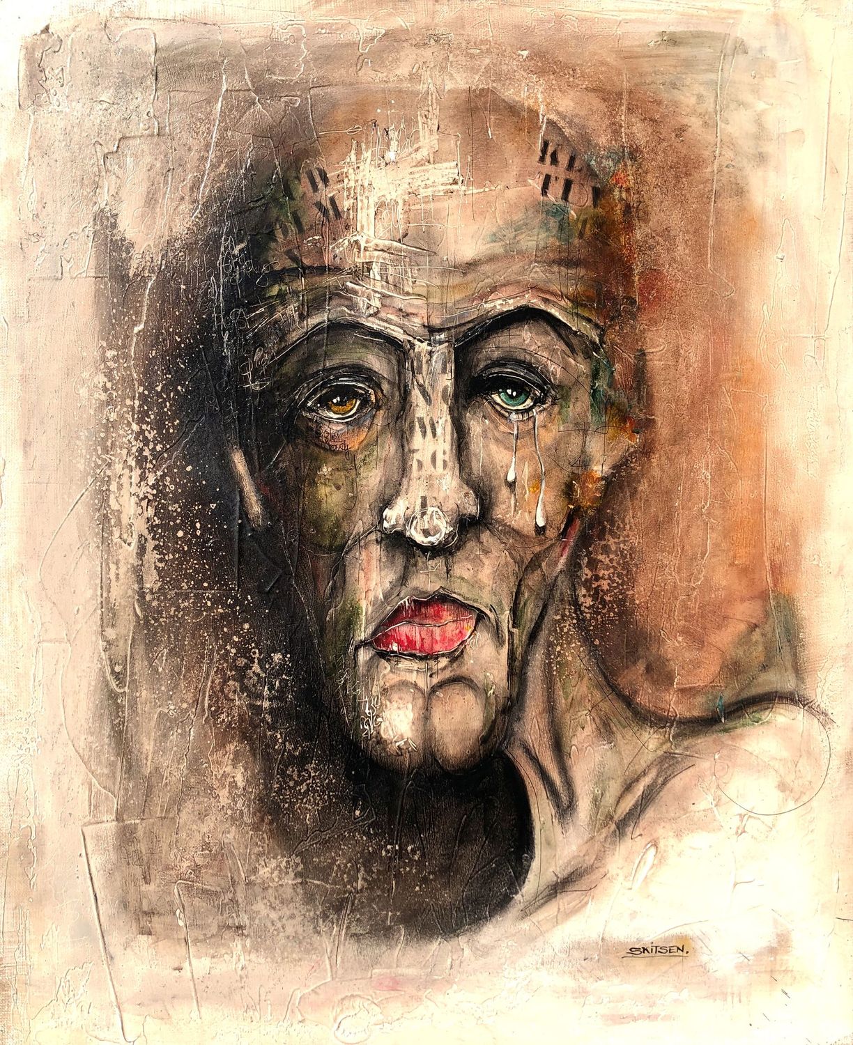 "A l'intérieur". Sur une toile châssis lin de 65x54cm.  Pastels, fusains, encres..... "Skitsen"