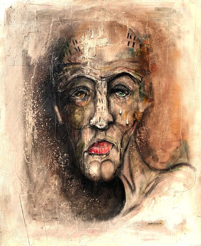 "A l'intérieur". Sur une toile châssis lin de 65x54cm. Pastels, fusains, encres..... "Skitsen"