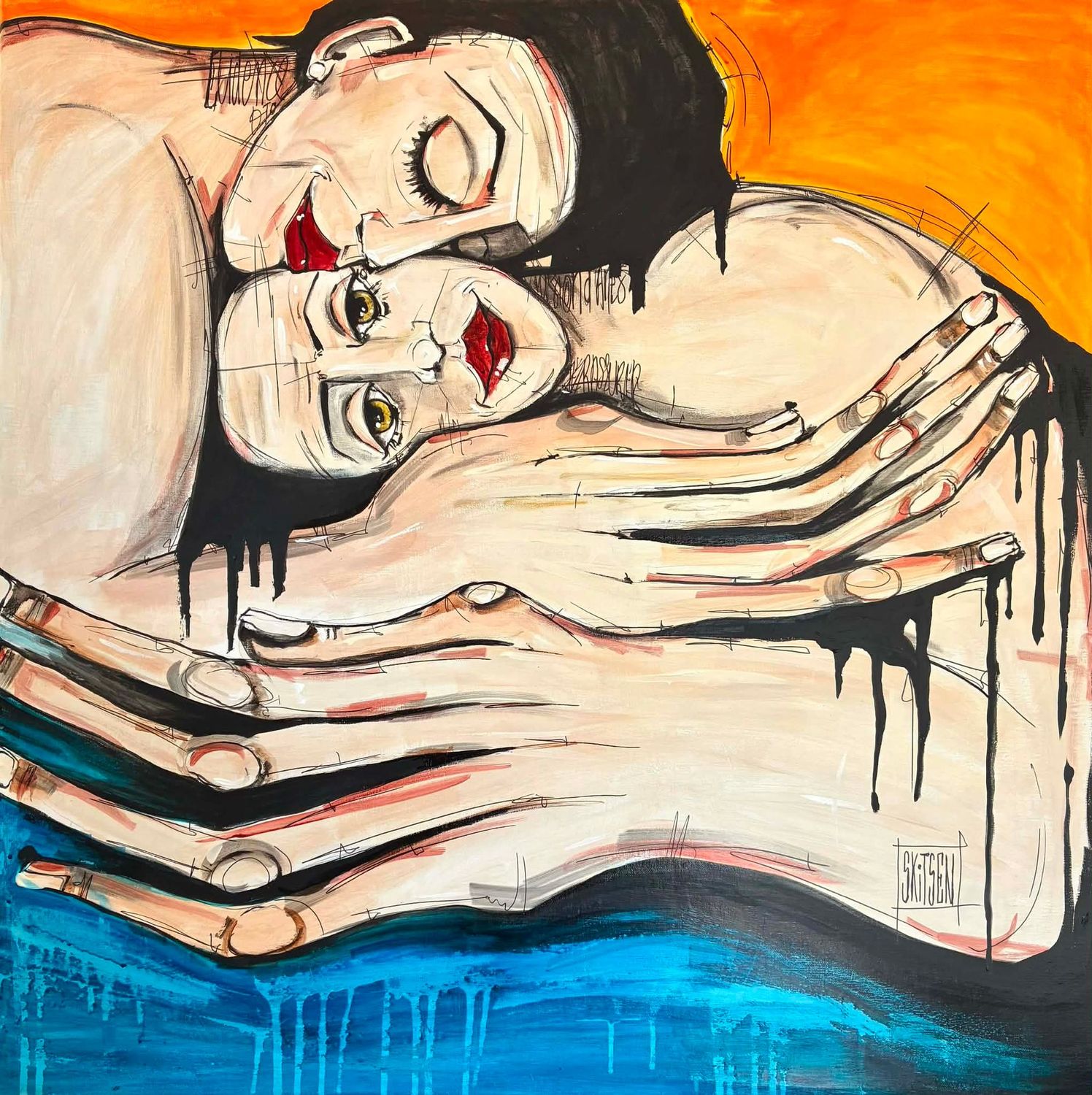 ´Te rassurer et effacer tes blessures ´ Sur une toile châssis lin de 80x80cm Pastels, encres….. Skitsen ´Te rassurer et effacer tes blessures ´ Sur une toile châssis lin de 80x80cm Pastels, encres….. Skitsen