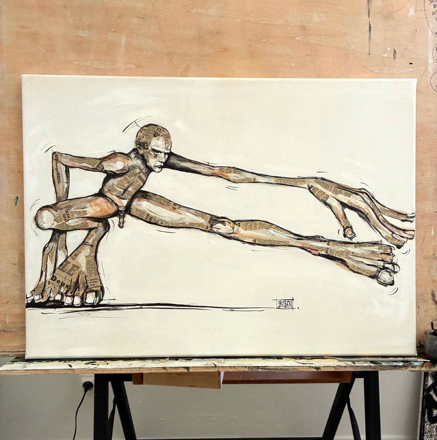 "En équilibre" Sur une toile châssis lin de 70x50cm. Acrylique, encres, pastels, quelques collages... 'Skitsen'