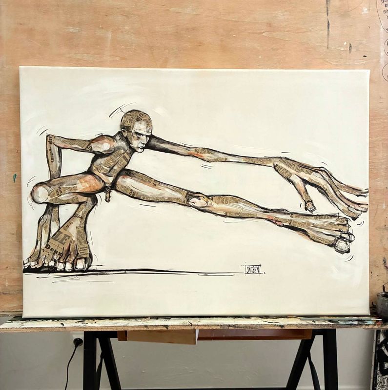 "En équilibre" Sur une toile châssis lin de 70x50cm. Acrylique, encres, pastels, quelques collages... 'Skitsen'
