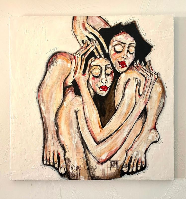 "L'estime de soi". Sur une toile 80x80cm. Pastels, fusains, encres....vernis. "Skitsen"