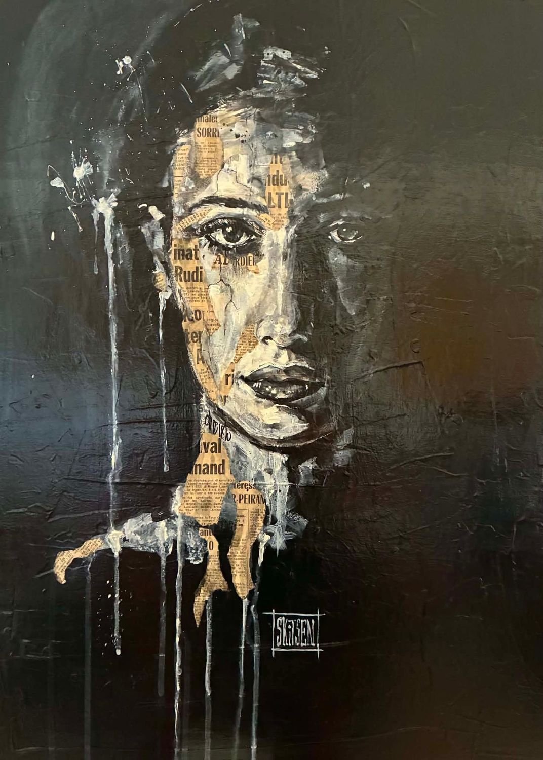 "Regard de femme". Sur une toile châssis lin de 70x50cm. Acrylique, encres, pastels, quelques collages.... "Skitsen"
