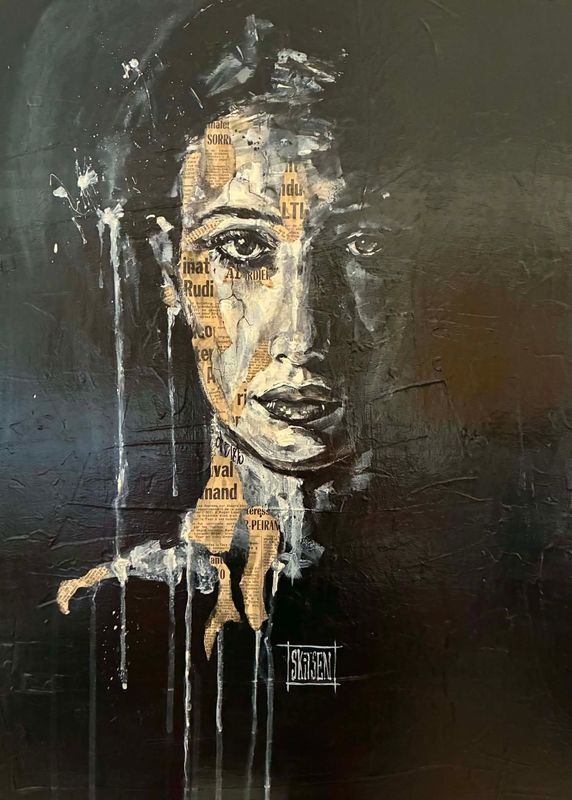 "Regard de femme". Sur une toile châssis lin de 70x50cm. Acrylique, encres, pastels, quelques collages.... "Skitsen"