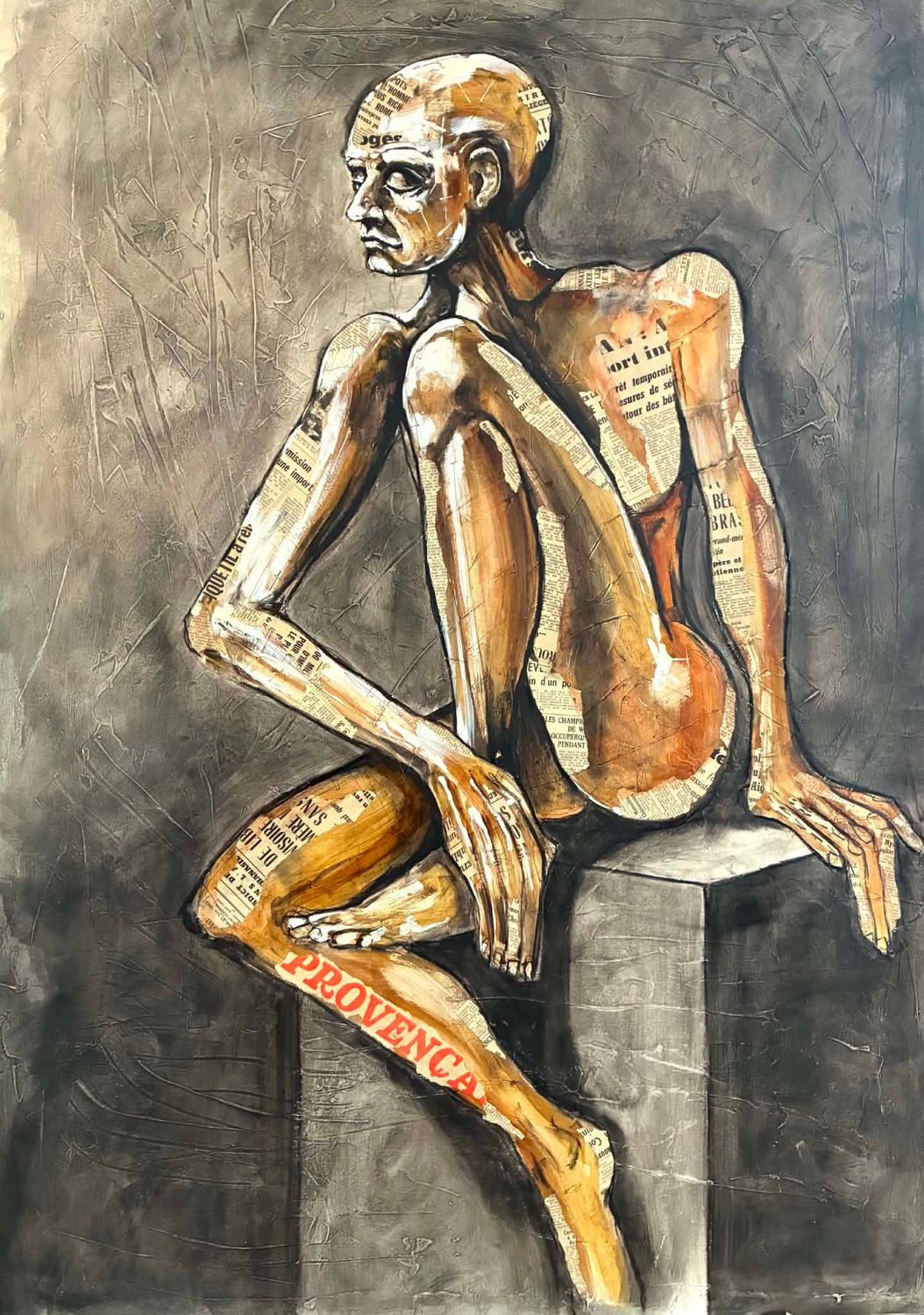"Songes". Sur une grande toile châssis lin de 116x80cm. Fusains, pastels, quelques collages d’un vieux journal ´Le Provençal ´ de 1962