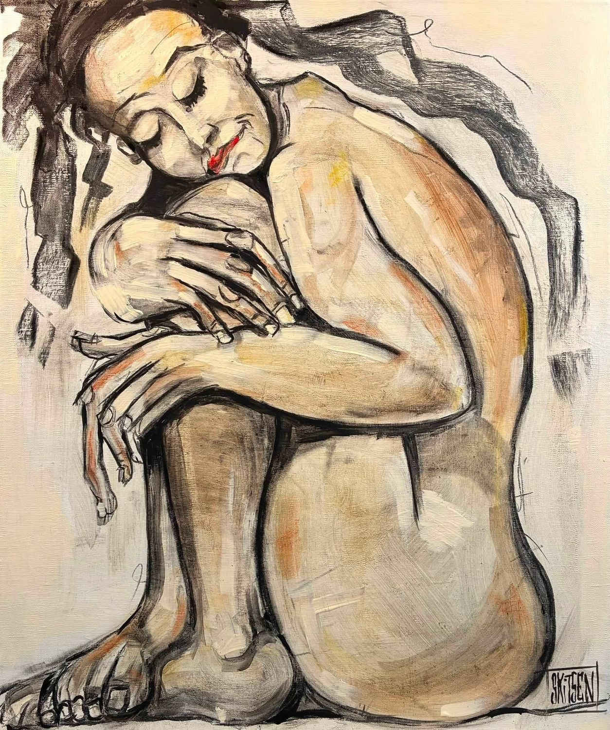´Me blottir dans tes pensées ´ Sur une toile châssis lin, Fusains, pastels.., Skitsen ´Me blottir dans tes pensées ´ Sur une toile châssis lin, Fusains, pastels.., Skitsen