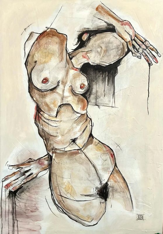 "La danse". Sur une grande toile châssis lin 116x80cm. Fusains, pastels.... "Skitsen"