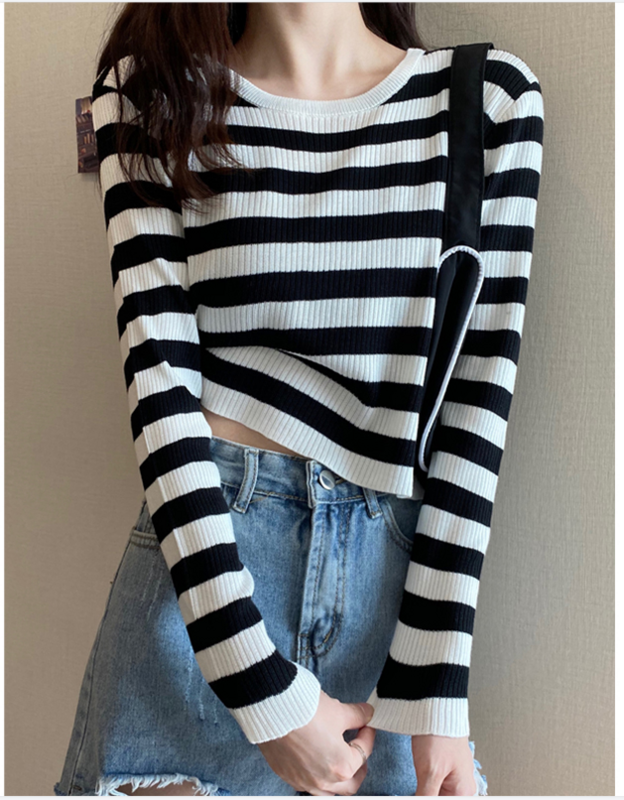 Black and white striped sweater for women