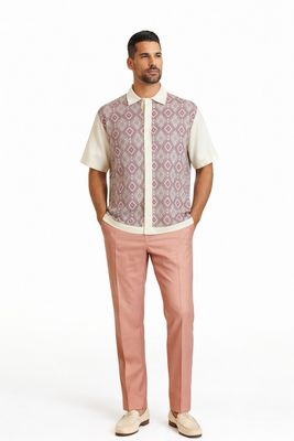 Diamond Pattern Luxury Casual Shirt &amp; Salmon Tailored Trousers Set