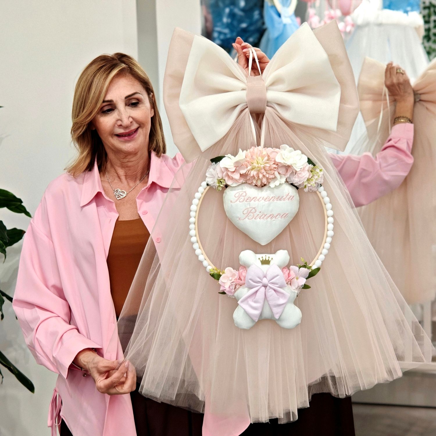 Fiocco Nascita in Tulle Bicolore con Cuore Ricamato Personalizzato con Nome – Realizzato a Mano