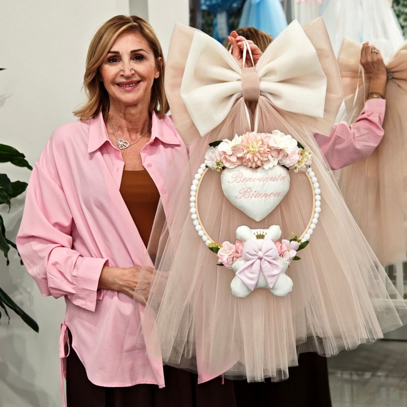 Fiocco Nascita in Tulle Bicolore con Cuore Ricamato Personalizzato con Nome – Realizzato a Mano