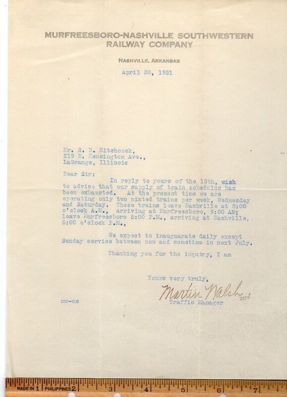 Murfreesboro-Nashville Southwestern Rwy misc. lot 1931