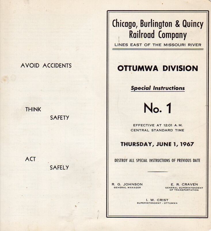 Chicago, Burlington & Quincy Ottumwa Division Special Instructions 1967