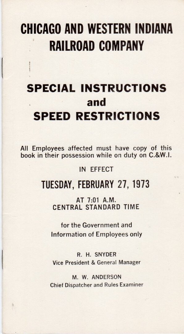 Chicago & Western Indiana Special Instructions and Speed Restrictions 1973