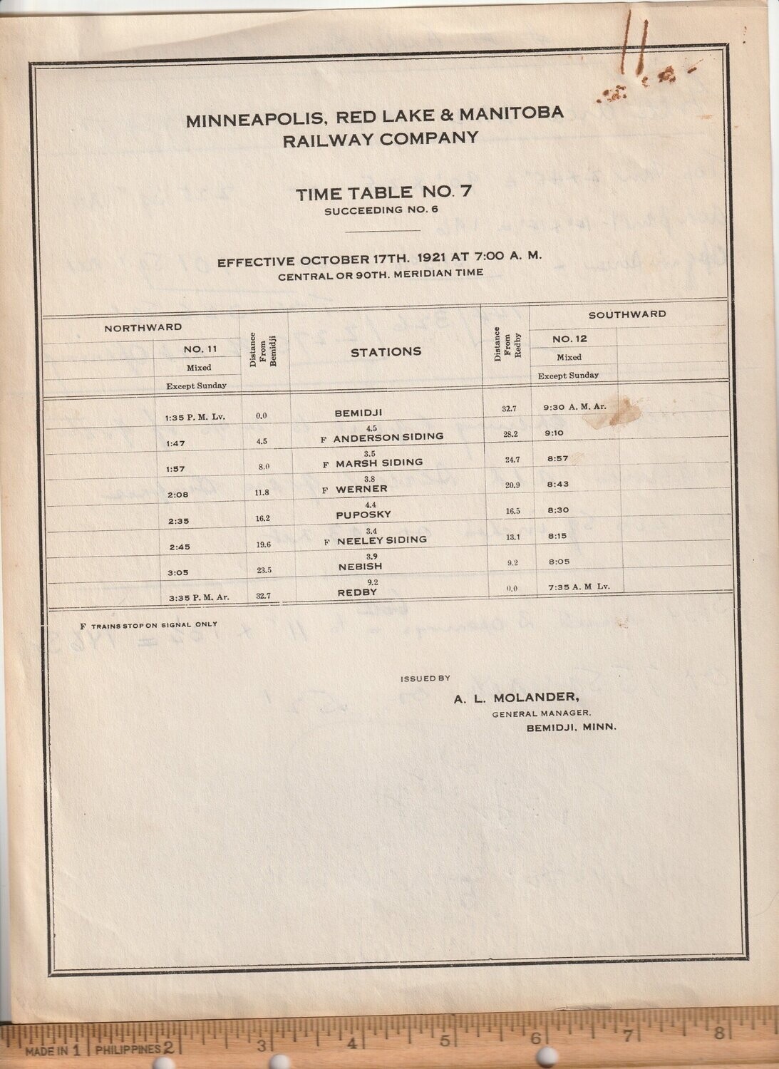 Minneapolis, Red Lake & Manitoba Railway 1921