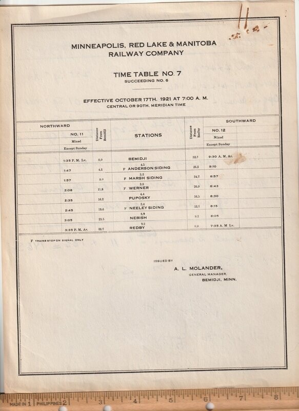 Minneapolis, Red Lake & Manitoba Railway 1921