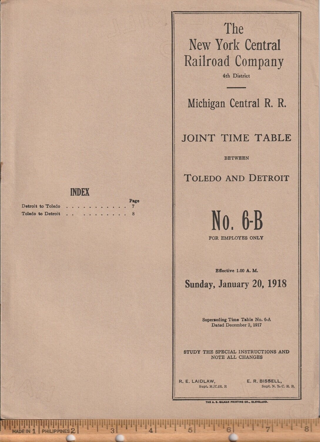 New York Central / Michigan Central Joint Time Table 1918