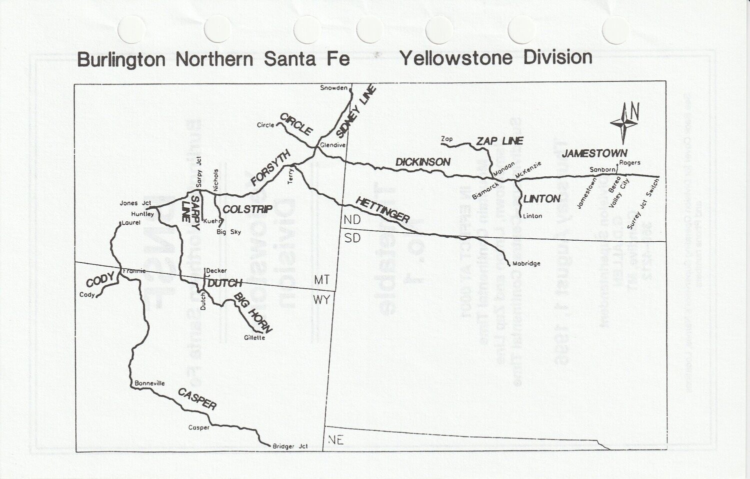 Burlington Northern Santa Fe Yellowstone Division map 1996
