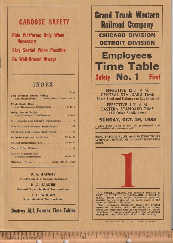 Grand Trunk Western Chicago & Detroit Divisions 1958