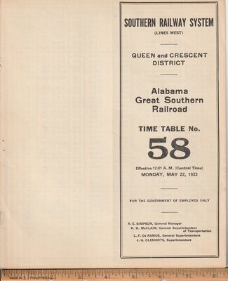 Southern Alabama Great Southern Railroad 1933