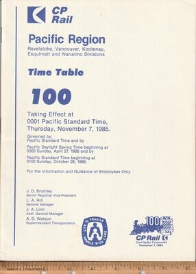 CP Rail Revelstoke, Vancouver, Kootenay and Esquimalt & Namaimo Divisions 1985