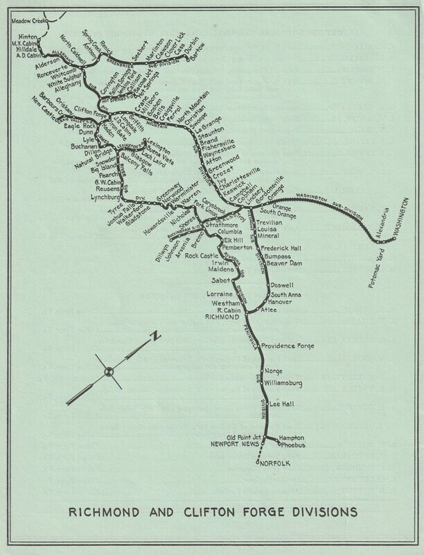 Chesapeake & Ohio Richomnd & Clifton Forge Divisions Map 1955