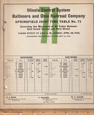 Illinois Central - Baltimore & Ohio Springfield Joint Time Table 1935