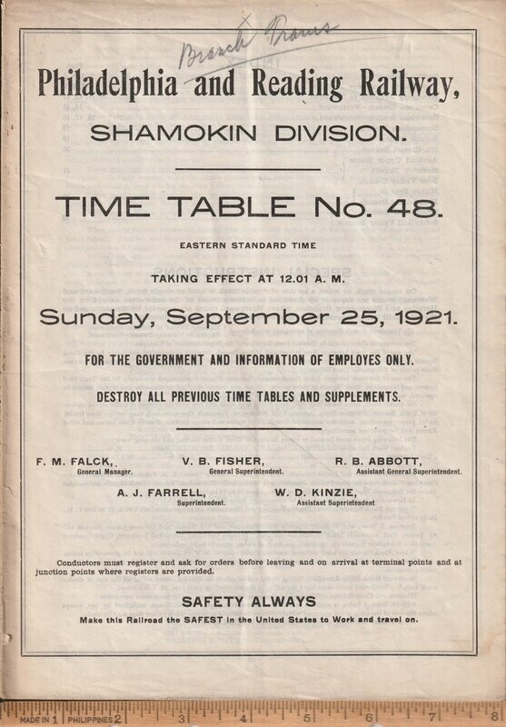 Philadelphia and Reading Shamokin Division 1921