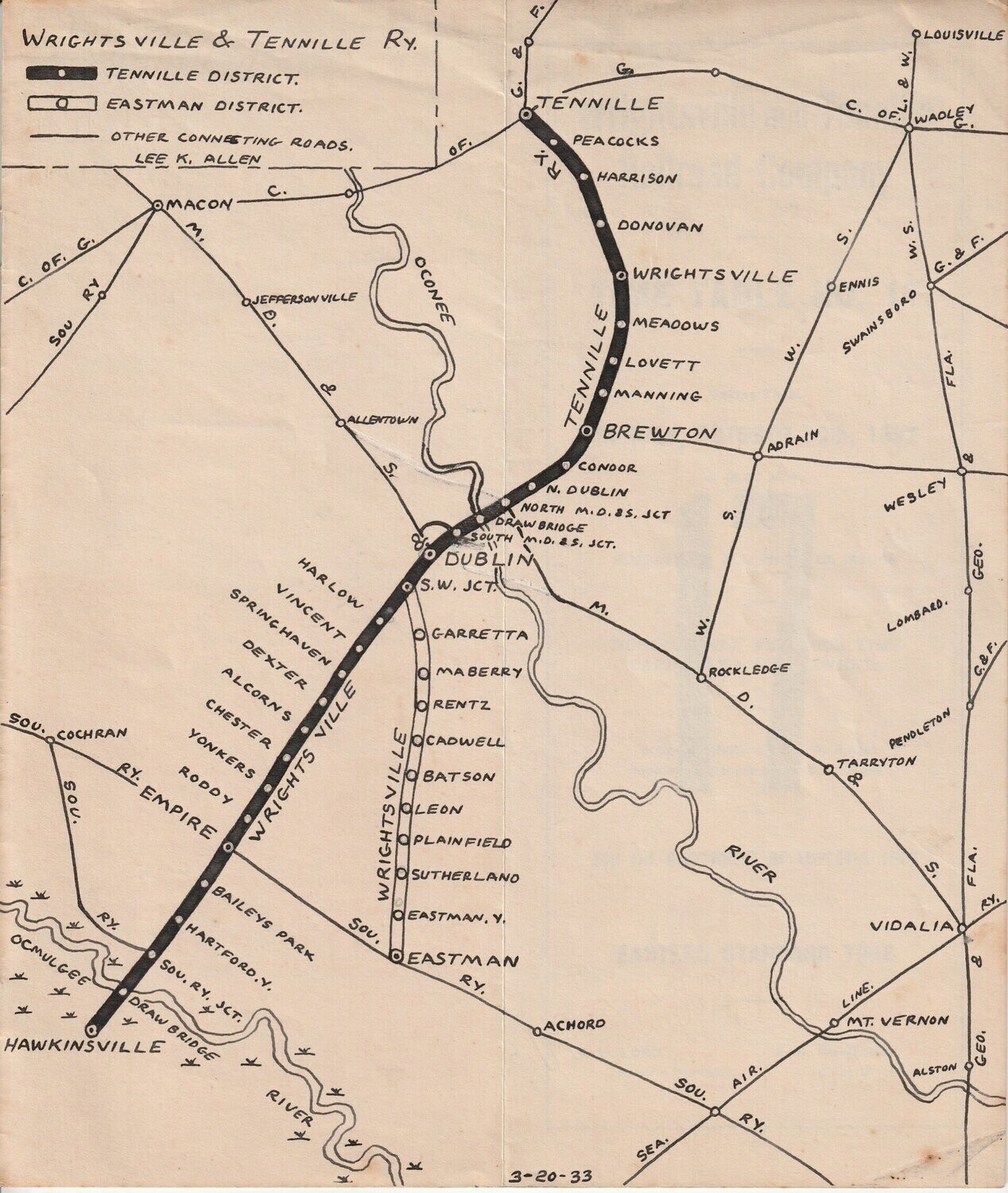 Wrightsville & Tennille railroad map 1932