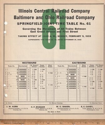Illinois Central - Baltimore & Ohio Springfield Joint Time Table 1933