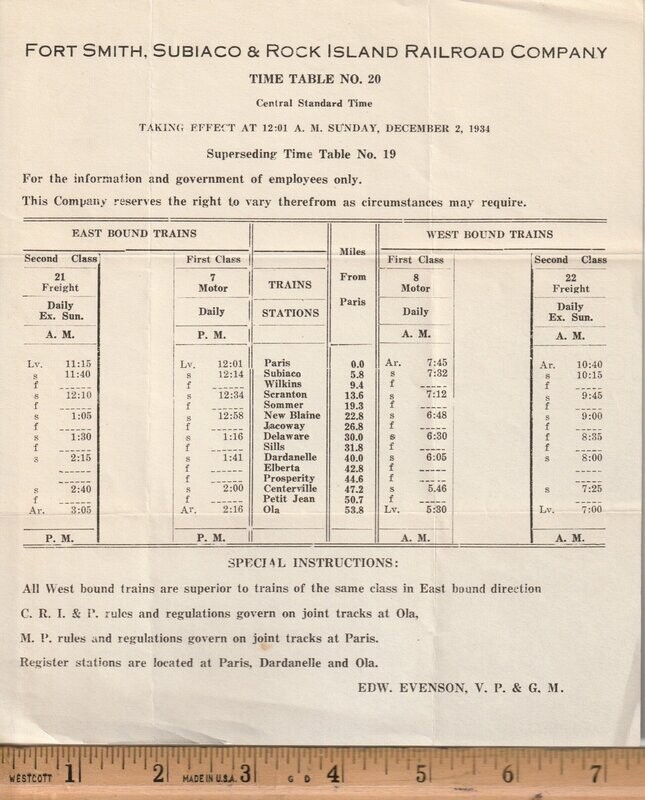 Fort Smith, Subiaco & Rock Island Railroad 1934