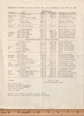 Fort Worth & Denver City Railway Memorandum of Passenger Train Schedules 1951