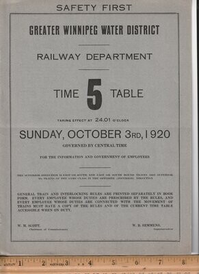 Greater Winnepeg Water District Railway Department 1920