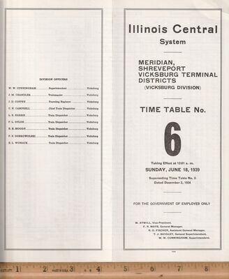 Illinois Central Vicksburg Division Meridian, Shreveport and Vicksburg Terminal Districts 1939