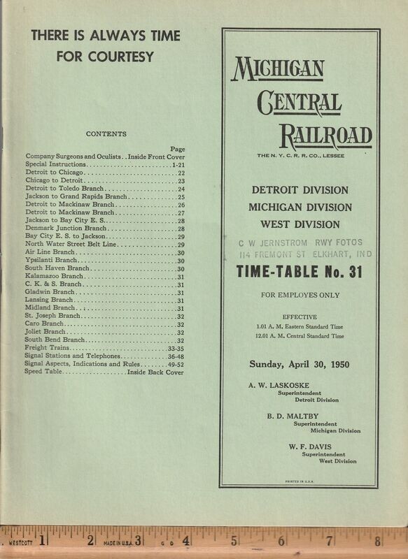 Michigan Central Detroit, Michigan and West Divisions 1950