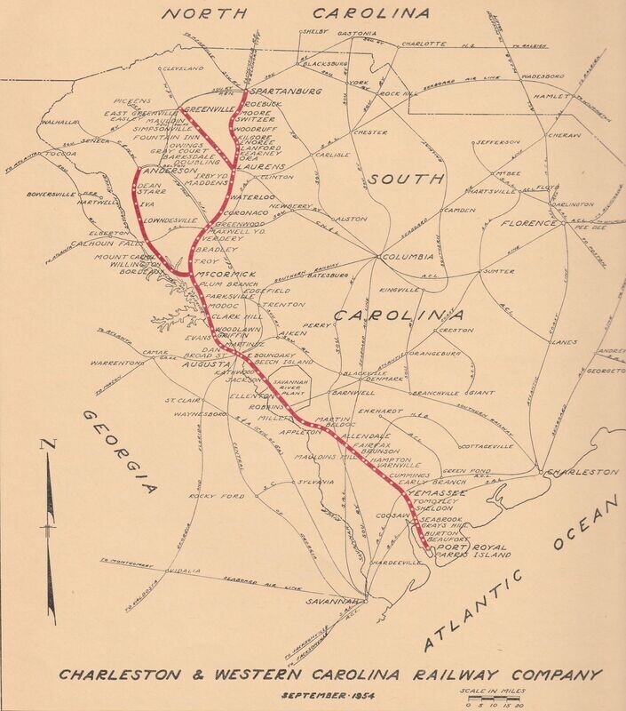 Charleston & Western Carolina Railway map 1958