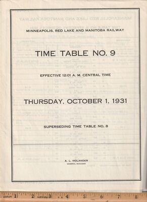 MInneapolis, Red Lake and Manitoba Railway 1931