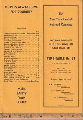 New York Central Detroit, Michigan and West Divisions 1954