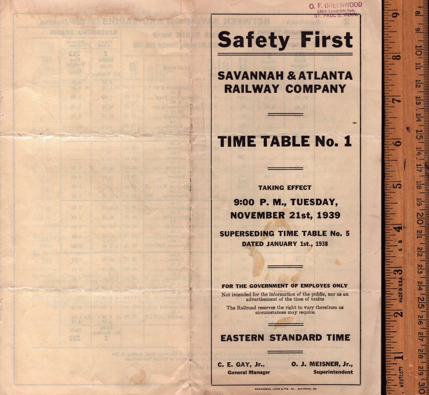 Savannah & Atlanta Railway 1939