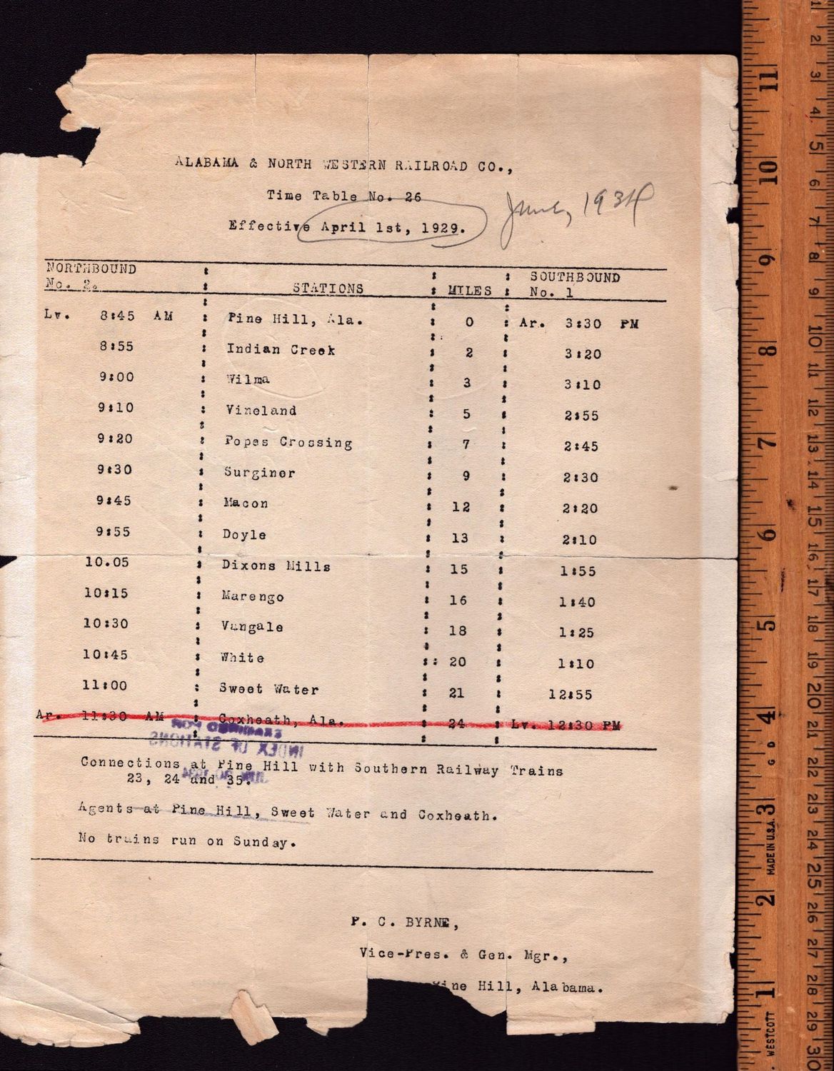 Alabama & North Western Railroad 1929