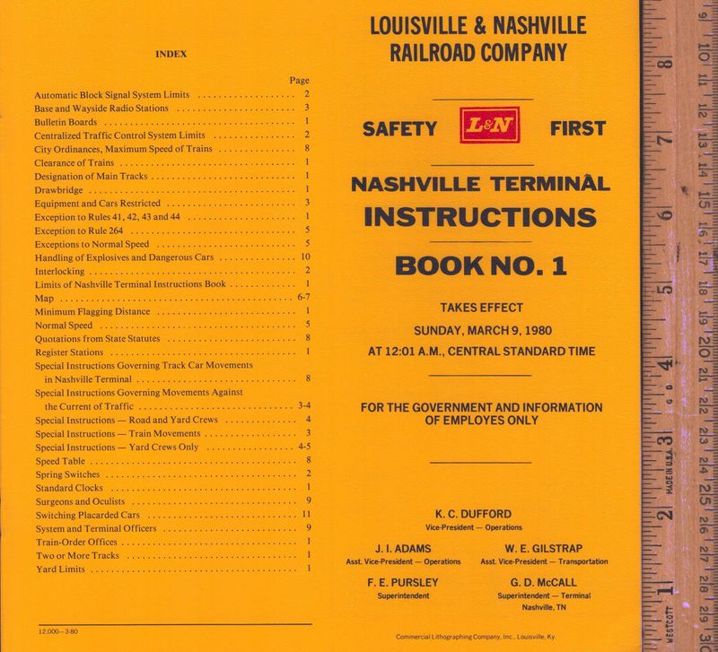 Louisville & Nashville Nashville Terminal Instructions 1980