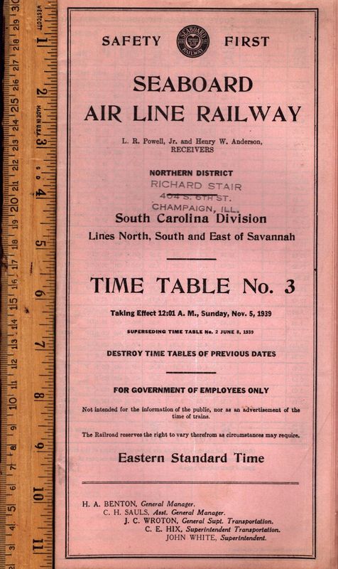 Seaboard Air Line South Carolina Division 1939