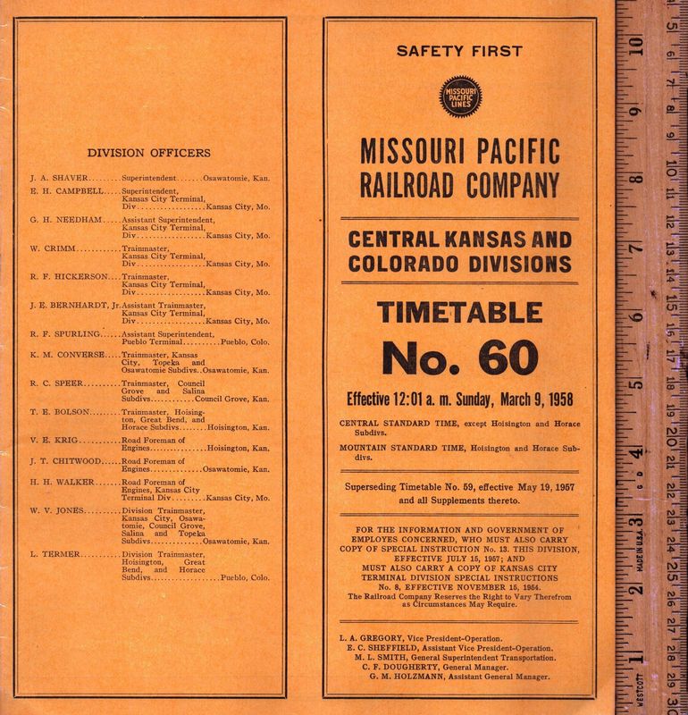 Missouri Pacific Central Kansas and Colorado Divisions 1958