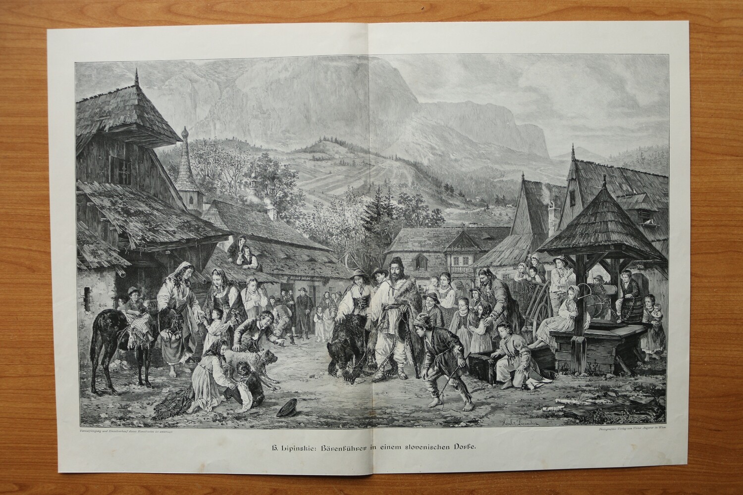 Holzstich nach H Lipinskie 1899-1905 Bärenführer in einem slovenischen Dorfe Bären 52 x 36,5 cm