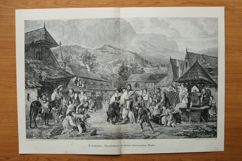 Holzstich nach H Lipinskie 1899-1905 Bärenführer in einem slovenischen Dorfe Bären 52 x 36,5 cm