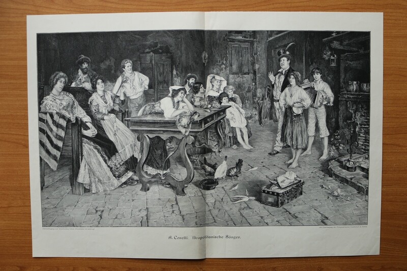 Holzstich nach A Corelli 1899-1905 Neapolitanische Sänger Interieur Genre 51 x 35,5 cm